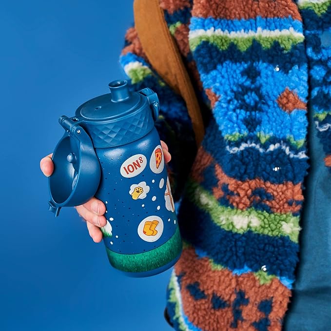 Ion8 Kids Water Bottle, Steel 400 ml/13 oz, Leak Proof, Easy to Open, Secure Lock, Dishwasher Safe, Flip Cover, Carry Handle, Easy Clean, Durable, Scratch Resistant, Raised Print, Dog Dreaming Design