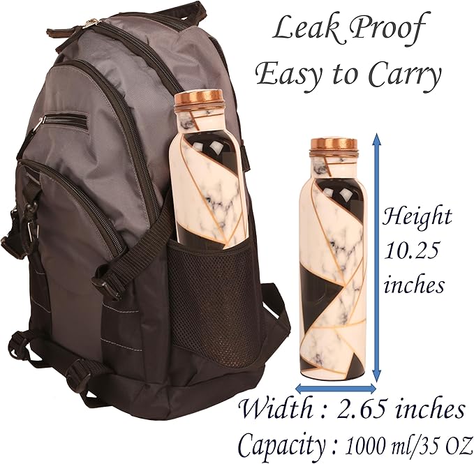 Pure Copper Water Bottle - Handcrafted - Ayurveda health benefits - Large 35 oz - Leak proof, Easy to carry for Sports, Fitness, Yoga, School- Royal Finish White Golden Black Mosaic Enamel