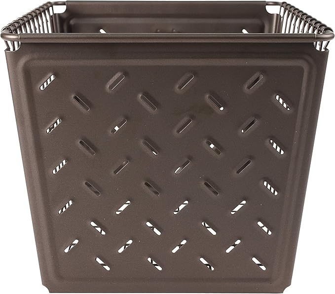 Tovolo Macklin, Stamped Steel & Wire Basket for Closet & Cubby Storage Vintage-Inspired Design with Customizable Label Plate, Medium, Bronze