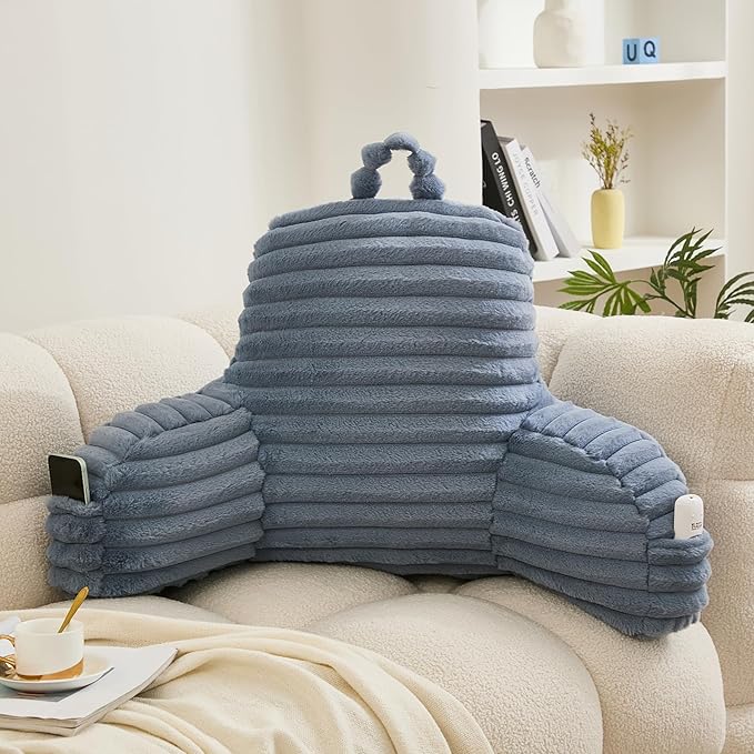 WERDIM Reading Pillow for Sitting in Bed, Faux Fur Back Pillow for Bed Rest, Bed Chair Pillow with Arms and Pockets(Standard, Dusty Blue)