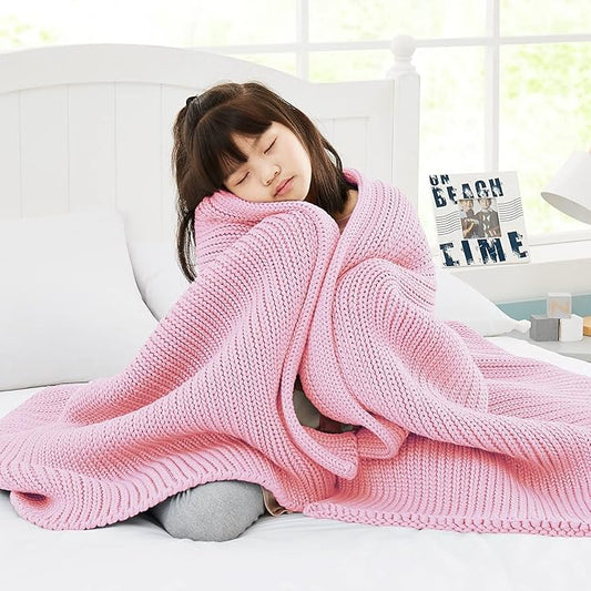 Knitted Weighted Blanket(Pink 50"x60" 7lbs),Home Décor Cooling Throw Blanket for Hot Sleepers,Hand Made Chunky Knit Heavy Blanket Use on Twin Size Bed