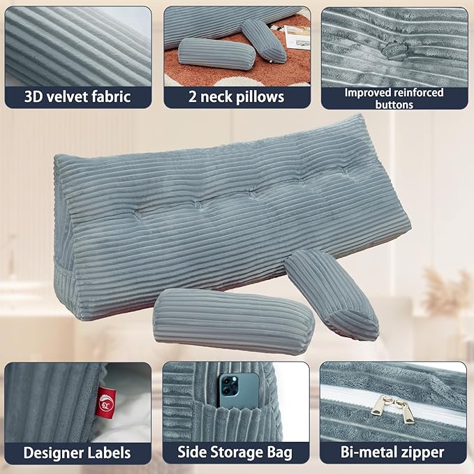 Headboard Wedge Pillow King with 2 Pack Neck Roll Pillow Large Headboard Pillow Soft and Supportive with Removable Cover (Light Grey, King:76x8x20 Inches)