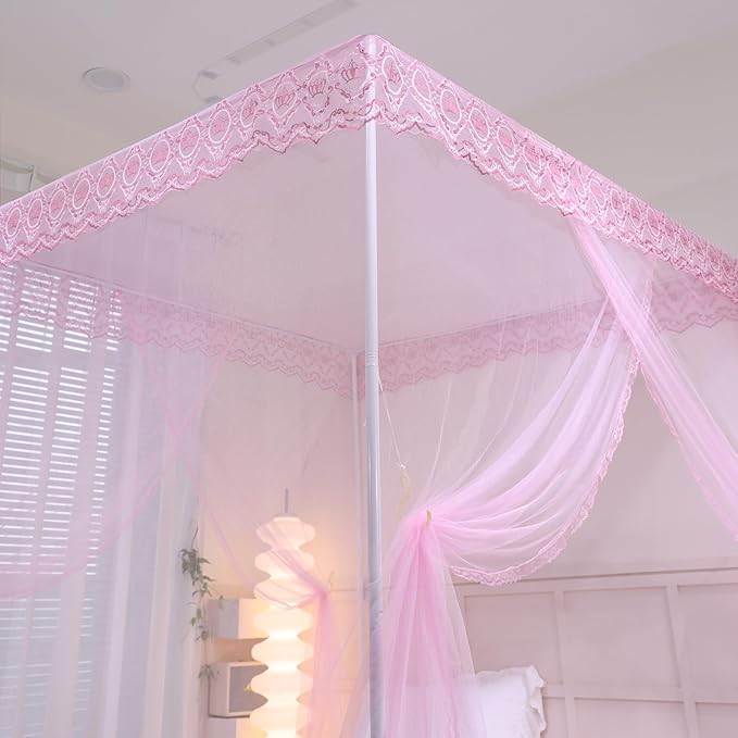 Bed Canopy, Princess Bed Curtain Net for Girls & Adults,Three-Doors Rectangle Lace Dome Netting (Baby Pink, King)