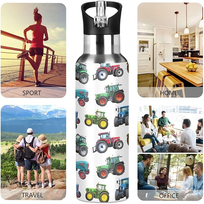 Tractor Stainless Steel Water Bottle with Straw Lid - 20 Oz Sports Insulated Water Bottle Thermos for Sport Gym Outdoor Travel School