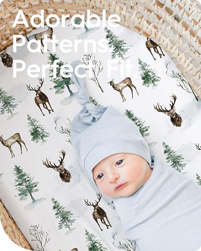 Bassinet Sheets for Baby Boy Girl, TotBasic Buttery Soft Universal Bassinet Fitted Sheet, Compatible with Halo, Mika Micky, Baby Delight, Dream On Me, Maxi COSI and More Bassinet Mattress(Bear&Deer)