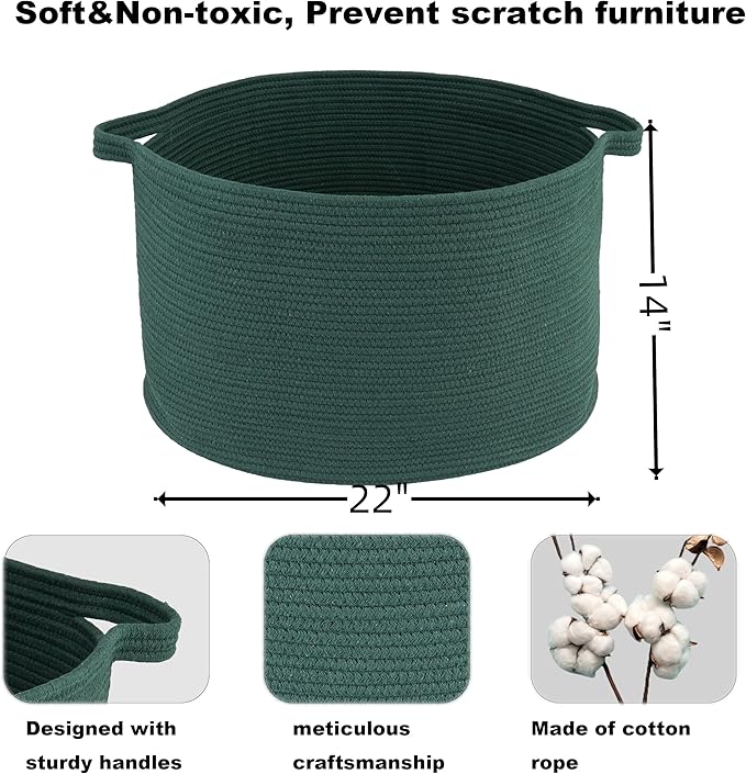 Large Cotton Rope Basket Blankets Basket Living Room 22"x14" Toy Basket for Kids Rope Storage Basket for Nursery Woven Laundry Basket for Clothes Towels Baby Toy Storage round dark green