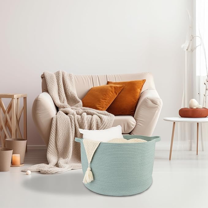 Large Cotton Rope Basket Blankets Basket Living Room 22"x14" Toy Basket for Kids Dogs Rope Storage Basket for Nursery Woven Laundry Basket for Clothes Towels Baby Toy Storage round light green