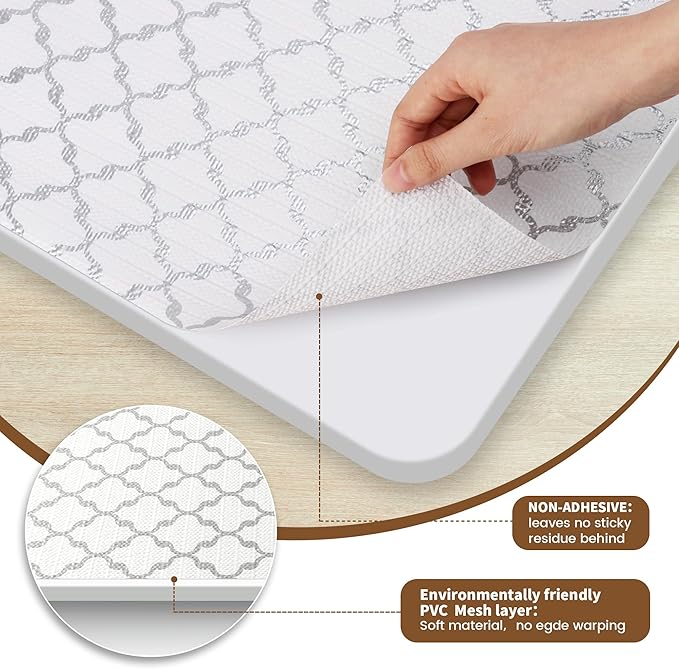 Drawer and Shelf Liner Non Adhesive, Non Slip Kitchen Cabinets Liner, 24 in X 20 FT Waterproof Strong Grip Thickened Washable Drawer Mat Cupboard Pad for Shelves tool box Fridge, White/Elegant Gray