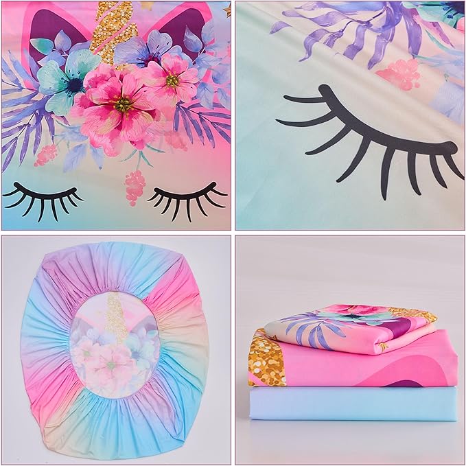 VIVILINEN Twin Size Sheet Set 3 Piece Rainbow Unicorn Kids Bed Sheets Set for Girls Kids Bedding Sheets Toddler Twin Bedding Set Include Flat Sheet, Deep Pocket Fitted Sheet and Pillowcase