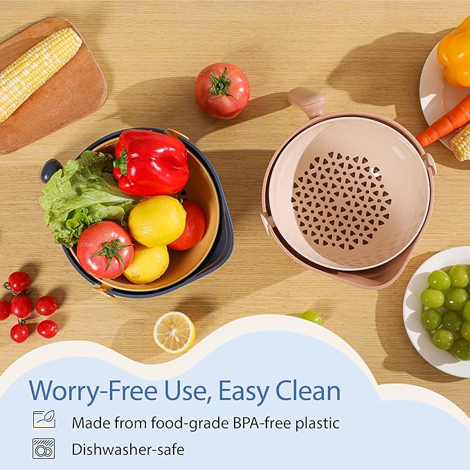 Chef's Path 2 in 1 Kitchen Strainer and Colander for Kitchen, Multifunctional Food Strainer Set, BPA Free Plastic Colander with Handle, Pasta Drainer, Veggie and Fruit Cleaner -Multicolor