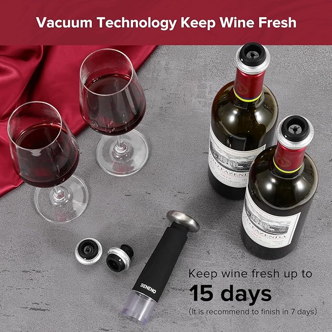 Beneno Wine Saver Vacuum Pump with 4 Wine Stoppers Keep Wine Fresh, Silicone Wine Bottle Stopper Wine Sealer Preserver, Ideal Wine Saver Accessories Gift