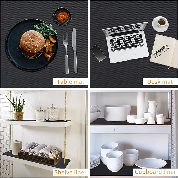 Kitchen Shelf Liner Drawer Liners, Non-Adhesive Refrigerator Liners Waterproof Fridge Mats with Strong Durable Kitchen Cabinets Mat for Drawers, Shelves, Pantry Black