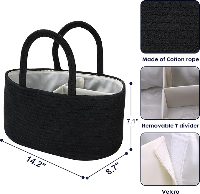Baby Diaper Caddy Organizer for Girl Boy Cotton Rope Nursery Storage Bin Basket Portable Holder Tote Bag for Changing Table Car Travel Baby Shower Gifts Newborn Essentials Registry Must Haves Black