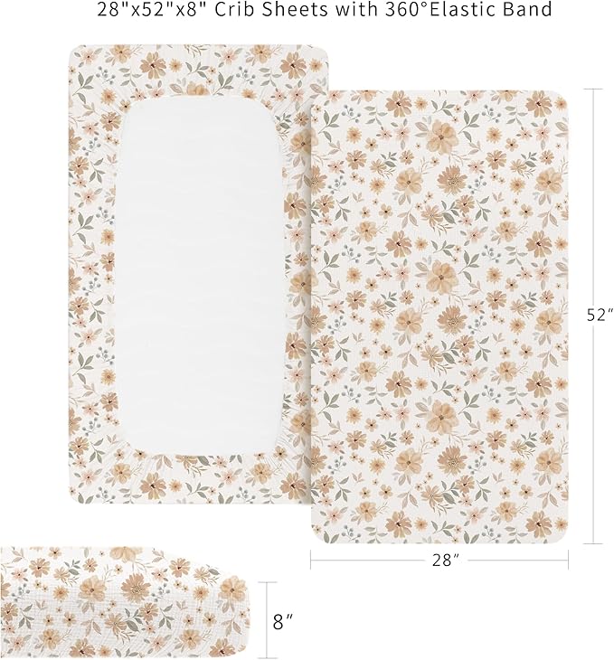 Konssy Muslin Fitted Crib Sheets 100% Cotton Baby Crib Sheets for Standard Crib Mattress (28 X 52 Inches), Soft and Breathable for Boys, Girls (Flowers)