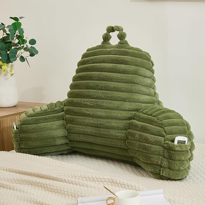 Faux Fur Fluffy Sage Reading Pillow with Pockets, Luxury Striped Plush Decorative, Arm Rests and Back Surport for Bed Rest, Lounging on sofa, Large