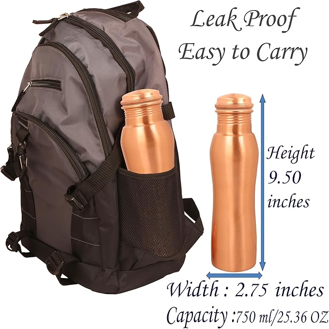 Pure Copper Water Bottle - Handcrafted - Ayurveda health benefits - Large 25.36 oz - Leak proof, Easy to carry for Sports, Fitness, Yoga, School - Natural Copper Finish