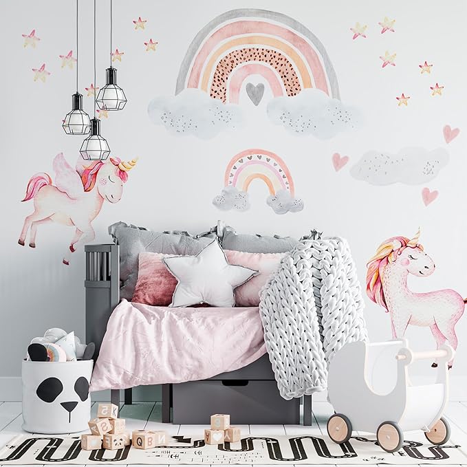 Large Rainbow Wall Decals by Lipastick - 144 pcs Rainbow Wall Stickers - Unicorn Wall Decals for Kids Bedroom Room Nursery – Kids Wall Stickers Cloud Stars Ponies - Waterproof Wall Art Décor XXL Size