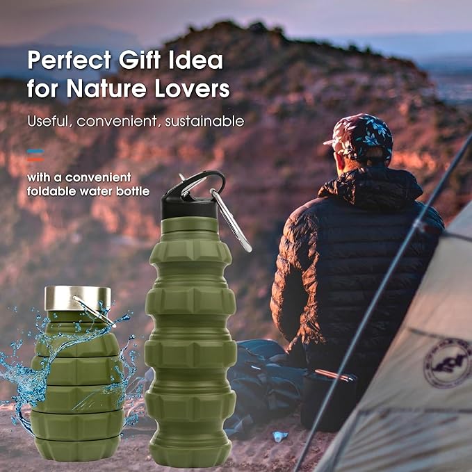 Collapsible Water Bottle 19.6 oz Leak Proof - 2 Lids, Carabiner, Gift Box - Reusable Silicone Water Bottle Men for Dad Birthday Gift - Foldable Travel Water Bottle for Gym & Sport - Green Accessories