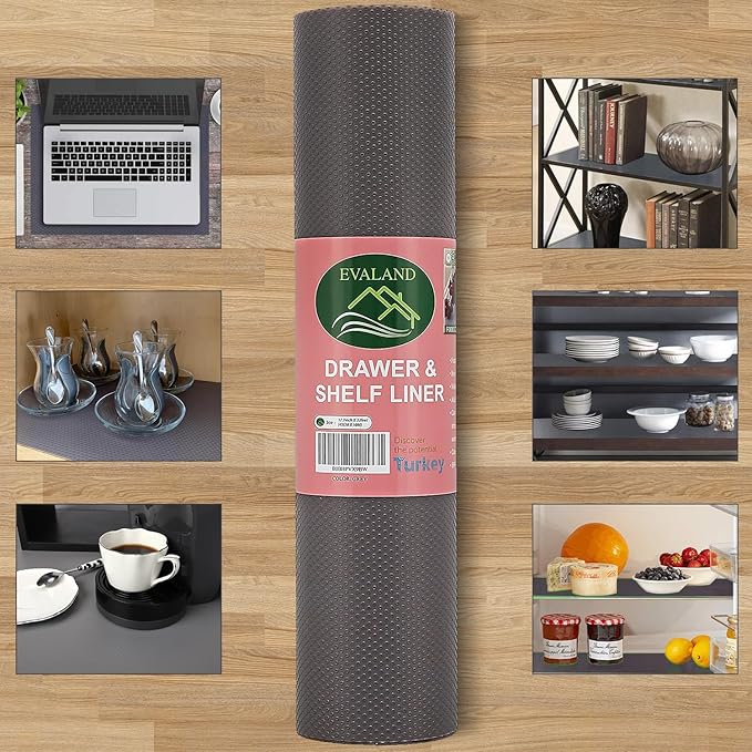 EVALAND 17.7 INCHES x 33 FEET (394 Inches) Non-Slip Shelf Liner, EVA Kitchen Liner, Non-Adhesive Liner, Smooth Drawer Liner, Durable Strong Grip Liner, Stain-Proof Shelf, Cabinet Liner, Grey