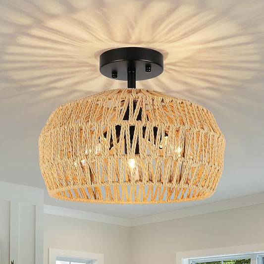 Rattan Light Fixtures Ceiling Mount, 3-Lights Boho Semi Flush Mount Ceiling Light, Farmhouse Woven Ceiling Lighting, Rustic Wicker Chandelier for Hallway Bedroom Kitchen Entryway