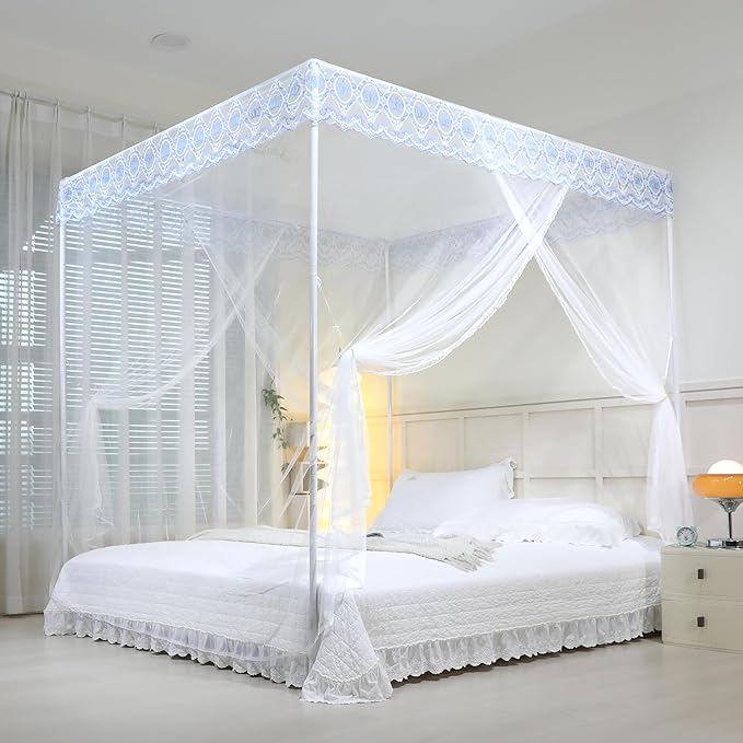 Bed Canopy, Princess Bed Curtain Net for Girls & Adults,Three-Doors Rectangle Lace Dome Netting (White, King)