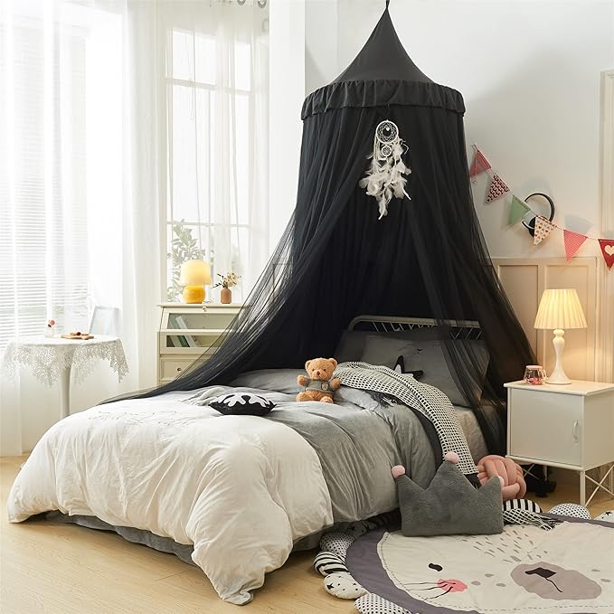 VETHIN Bed Canopy for Girls Kids,Princess Round Dome Children Dreamy Mosquito Net Bedding Girls Room Castle Play Tent Hanging House Decor Reading Nook Canopies (Black/Black)
