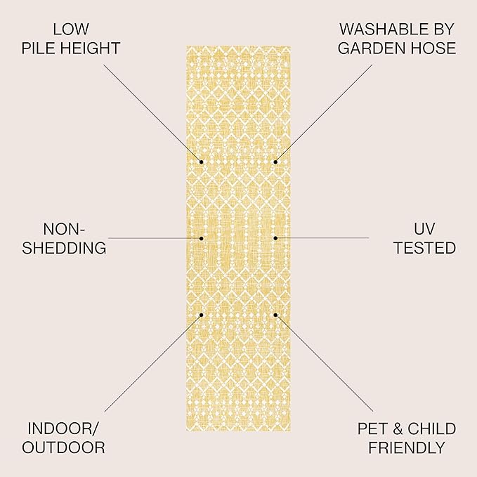 JONATHAN Y SMB108G-210 Ourika Moroccan Geometric Textured Weave Indoor Outdoor Runner Rug, Bohemian, Rustic, Scandinavian Easy-Clean,Bedroom,Kitchen,Backyard,Patio,Non Shedding, Yellow/Cream, 2 X 10