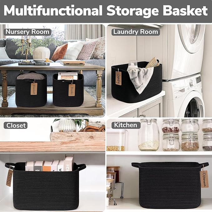 Goodpick Black Basket, Woven Baskets for Storage, Toy Baskets Storage Kids, Towel Basket with Handles, Storage Baskets for Shelves, Living Room, Bathroom, 13 x 10 x 9 Inches
