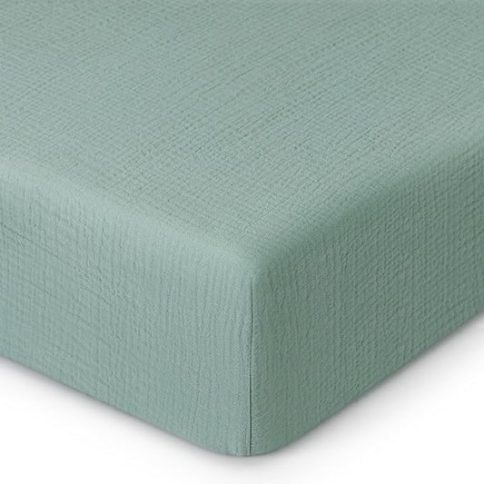 Blissful Diary Muslin Crib Sheets for Girl Boy, Boho Neutral Soft Cotton Baby Sheet for 52''x28'' Standard Crib Mattress, 1 Pack(Roman Green)