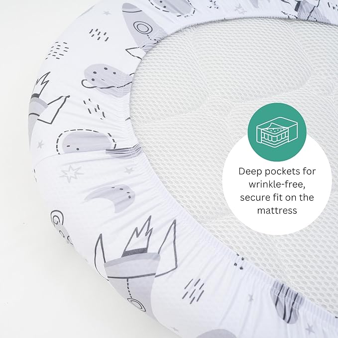 TansyPanda Bassinet Sheets for Cloud Baby, Yacul, Dream On Me Traveler, Skylar, BabyBond, Simmons, 3 Pack, 33x20 in, Ultra Soft, Breathable Snug Fit, Unisex Boys Girls, Gray White (Space Rockets)