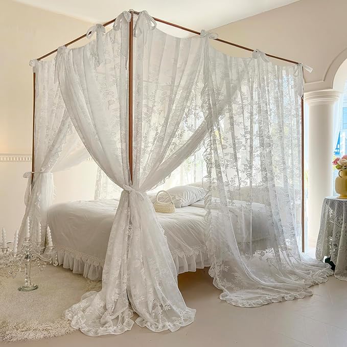 Mengersi Canopy Bed Curtains with Tie Backs,Bed Canopy Curtains Bed Drapes Sheer Curtains for Bedroom Decor(Full,White