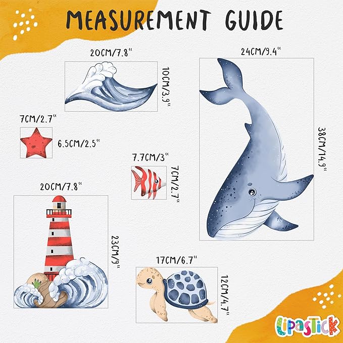 Ocean Wall Decals for Kids by Lipastick - Sea Kids Wall Stickers - Creative Nursery Wall Decal for Children β Nautical Vinyl Wall Decal Whale Shark Octopus Turtle Lighthouse S Size