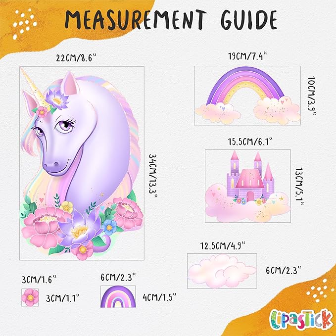 Unicorn Wall Decals Pack of 5 Sheets Stickers by Lipastick - Rainbow Wall Stickers – Princess Castle with Hearts Clouds Stars Wall Decals Decor for Girls Kids Bedroom Birthday Party Size S