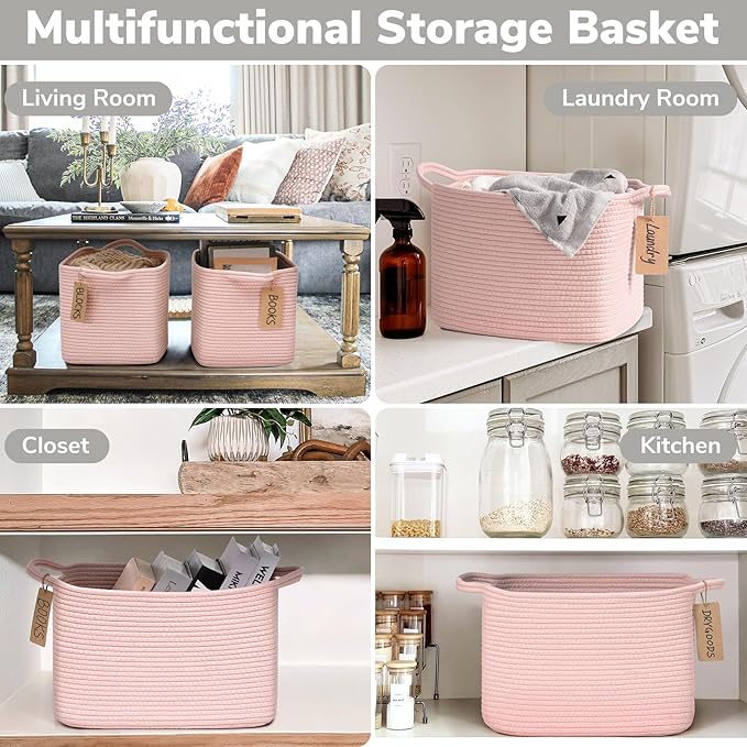 Goodpick Woven Storage Basket for Shelves, Small Baskets for Organizing, Rectangle Baby Nursery basket, Towel Baskets for Bathroom, Living Room, 13 x 10 x 9 Inches, Light Pink