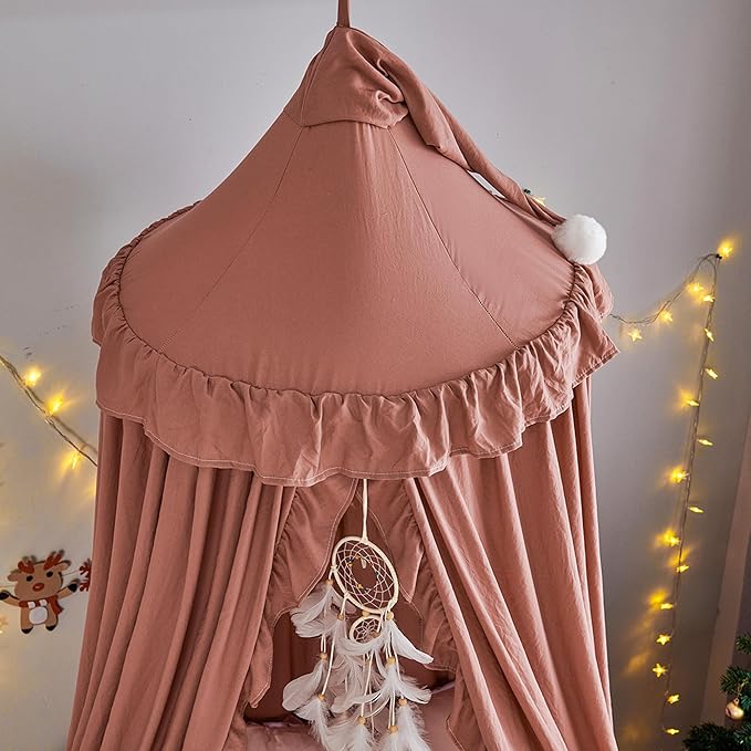 VETHIN Bed Canopy for Girls Kids,Princess Round Dome Children Dreamy Mosquito Net Bedding Girls Room Castle Play Tent Hanging House Decor Reading Nook Canopies (JujubeRed)