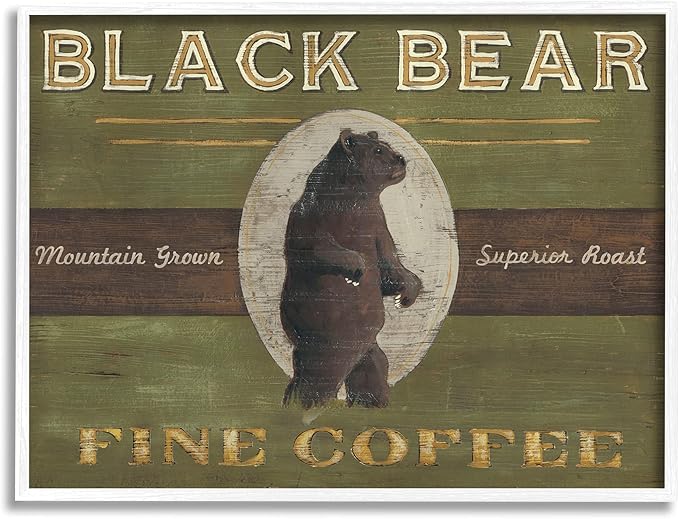 Stupell Industries Black Bear Fine Coffee Rustic Kitchen Mountain Animal, Designed by June Erica Vess White Framed Wall Art, 24 x 30, Green