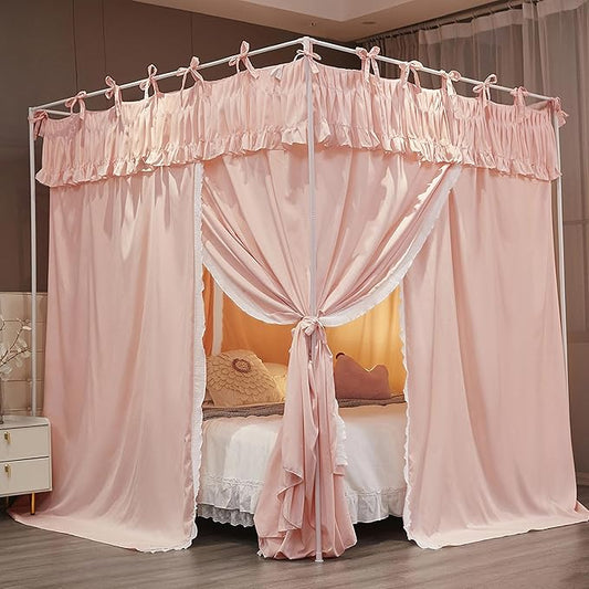 Ruffle Lace up 4 Corners Post Princess Curtain Bed Canopy Cozy Breathable Mosquito Net Cloth for Girls Adults Bedroom Decoration (Pink, 59" W*82" L*82" H/Queen)
