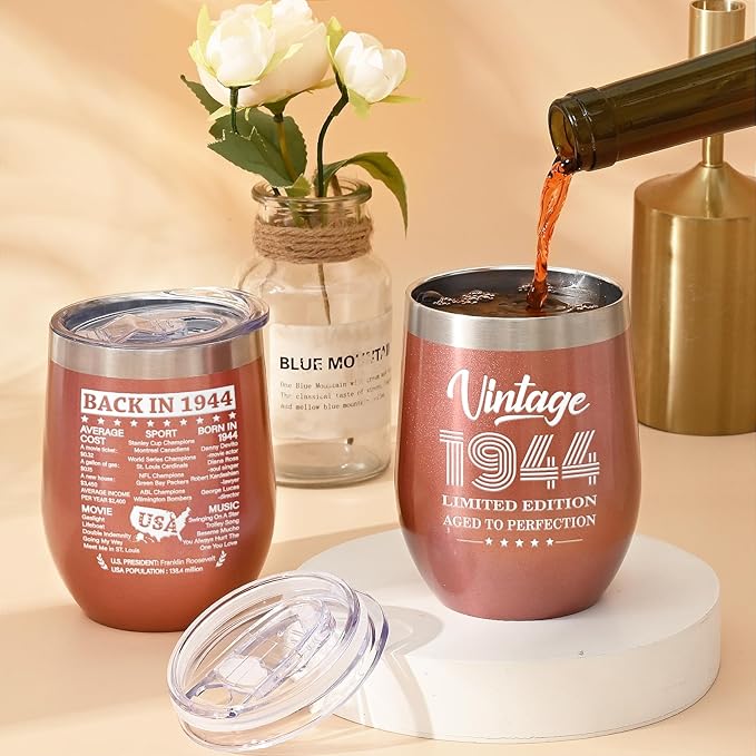Lifecapido 80th Birthday Gifts for Women, Vintage 1944 Limited Edition Insulated Wine Tumbler with Wine Bag, Birthday Gifts for 80 Year Olds Woman, 80 Year Old Birthday Gifts for Mom Grandma, 12 oz