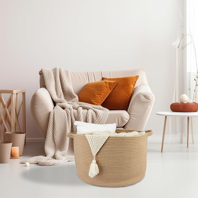 Large Jute Rope Basket Blankets Basket Living Room 22"x14" Toy Basket for Kids and Dogs Rope Storage Basket for Nursery Woven Laundry Basket for Clothes Towels Baby Toy Storage round