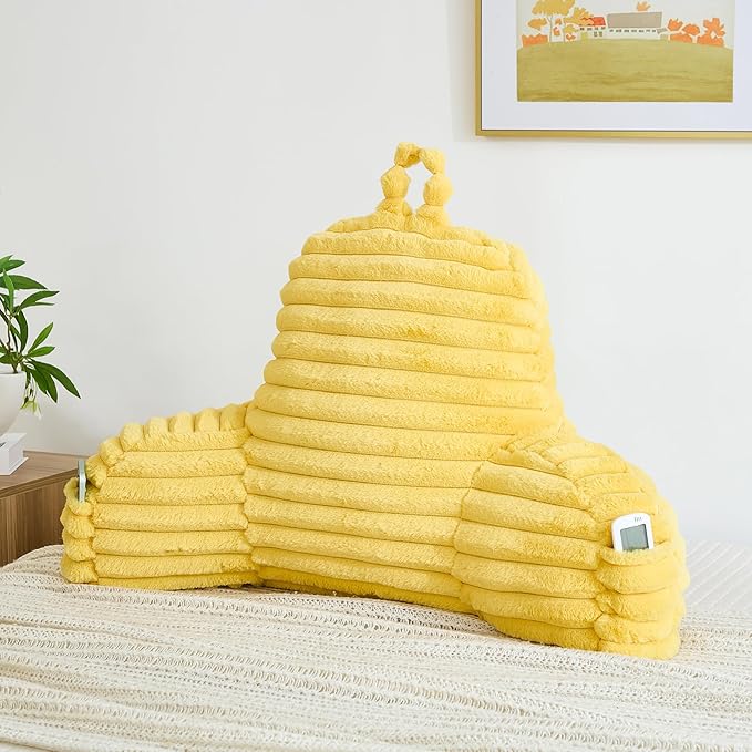 Faux Fur Fluffy Yellow Reading Pillow with Pockets, Luxury Striped Plush Decorative, Arm Rests and Back Surport for Bed Rest, Lounging on Sofa, Large