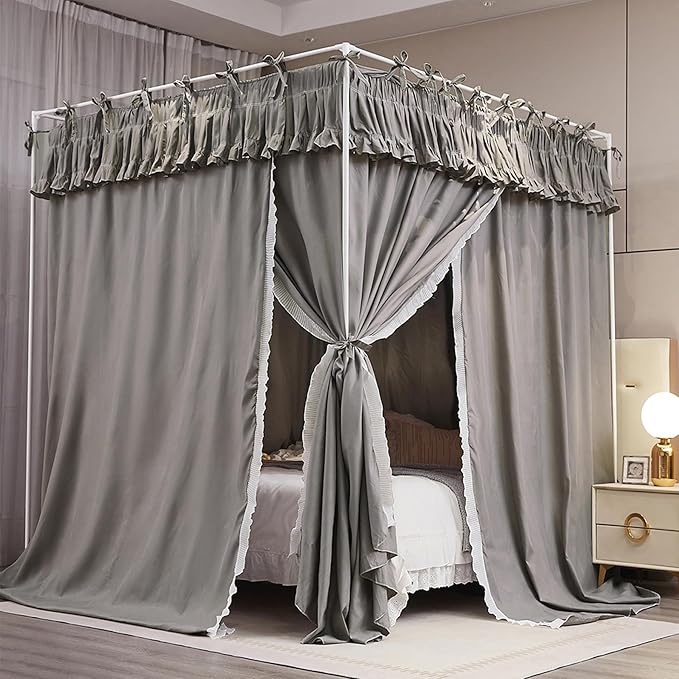 4 Corners Post Princess Ruffle Curtain Bed Canopy Lace Up Elastic Cozy Breathable Tent Mosquito Net for Girls Bedroom Decoration(Grey, 70-78" W*86" L*82" H/King)