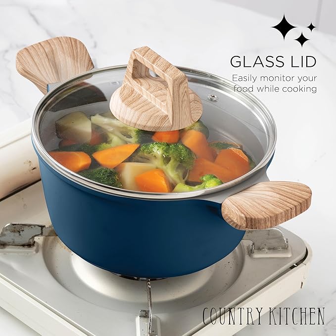 Country Kitchen Pots and Pans Set Nonstick, Cast Aluminum Kitchen Cookware Set with Utensils, 14 Pcs Non Stick Cooking Set w/Frying Pans & Saucepans