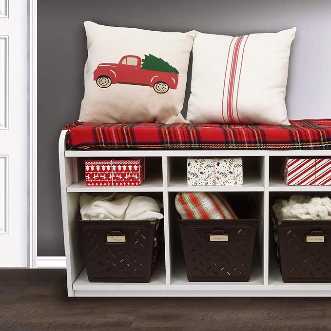 Tovolo Macklin, Stamped Steel & Wire Basket for Closet & Cubby Storage Vintage-Inspired Design with Customizable Label Plate, Medium, Bronze