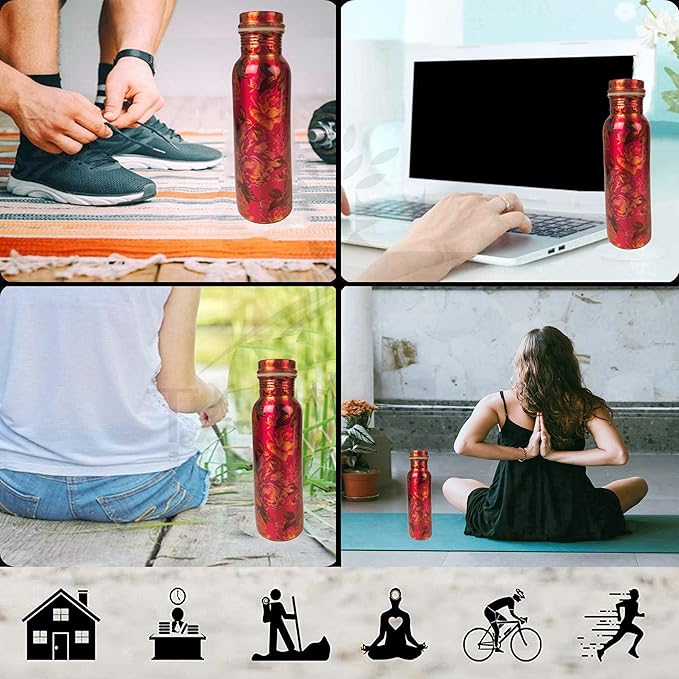 Pure Copper Water Bottle - Handcrafted - Ayurveda health benefits - Large 35 oz - Leak proof - Easy to carry for Sports, Fitness, Yoga, School - Red and Black Pretty Petals Motifs Enamel