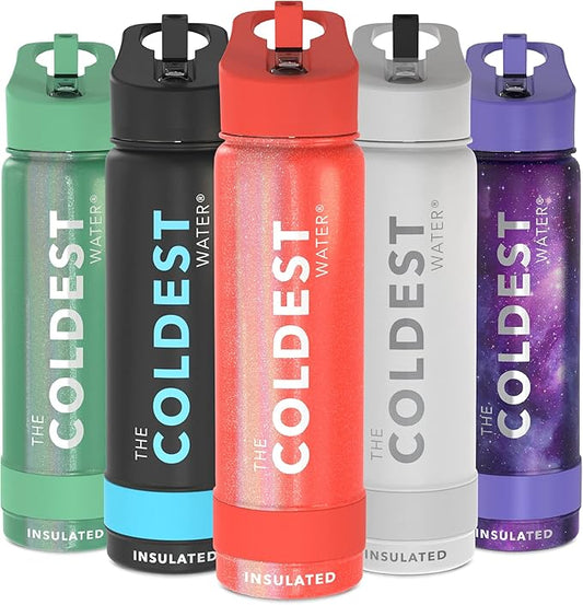 Coldest Sports Water Bottle with Straw Lid Vacuum Insulated Stainless Steel Metal Thermos Bottles Leak Proof Flask for Sports (24 oz, Mars Red Glitter)