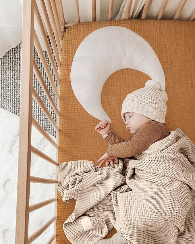 Blissful Diary Muslin Mini Crib Sheets, Pack and Play Mattress Sheets Fitted for Pack N Play, Soft Cotton for Boys Girls, 2 Pack(Retro Yellow&Beige)