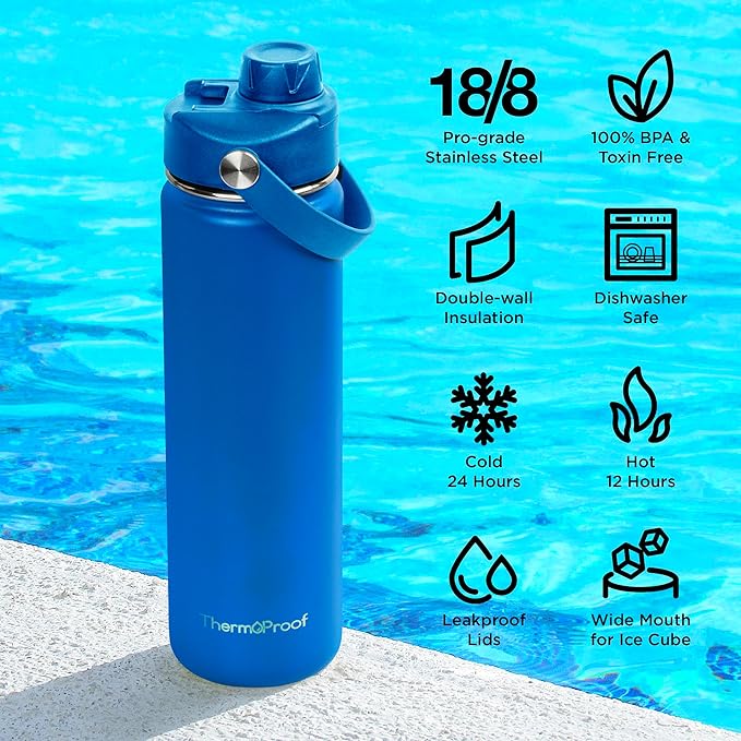 ThermoProof Hot & Cold Insulated Stainless Steel Water Bottle, Durable Leak Proof Gym Bottles for Men, Women & Kids, Double Walled Vacuum Bottles - 2 Lids (Blue, 22oz)