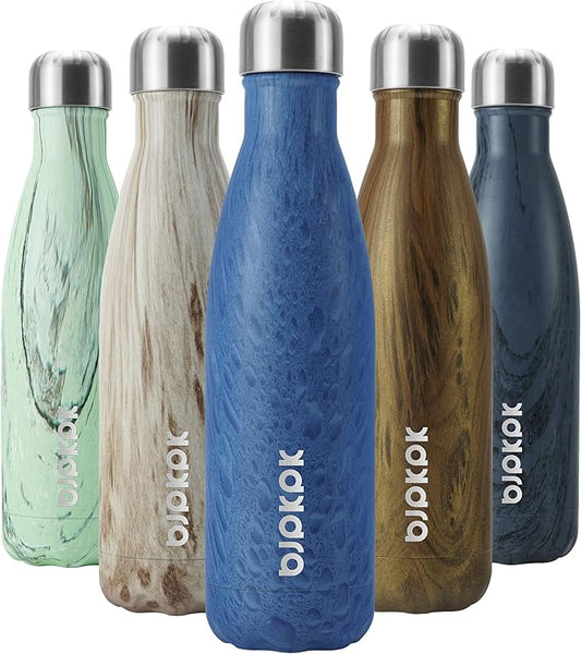 BJPKPK Insulated Water Bottles -17oz/500ml -Stainless Steel Water Bottles,Sports Water Bottles Keep Cold for 24 Hours and Hot for 12 Hours,BPA Free Water Bottle,wood-Ice Blue