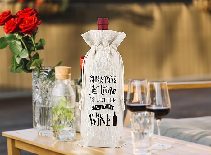 Christmas Time Is Better With Wine,Christmas Party Wine Bag,Party Favor Bag,Wine Bag Gift for Friends,Sisters,Besties,Colleagues,Family,Daughters,Sons,Reusable Wine Bag With Drawstring,L48