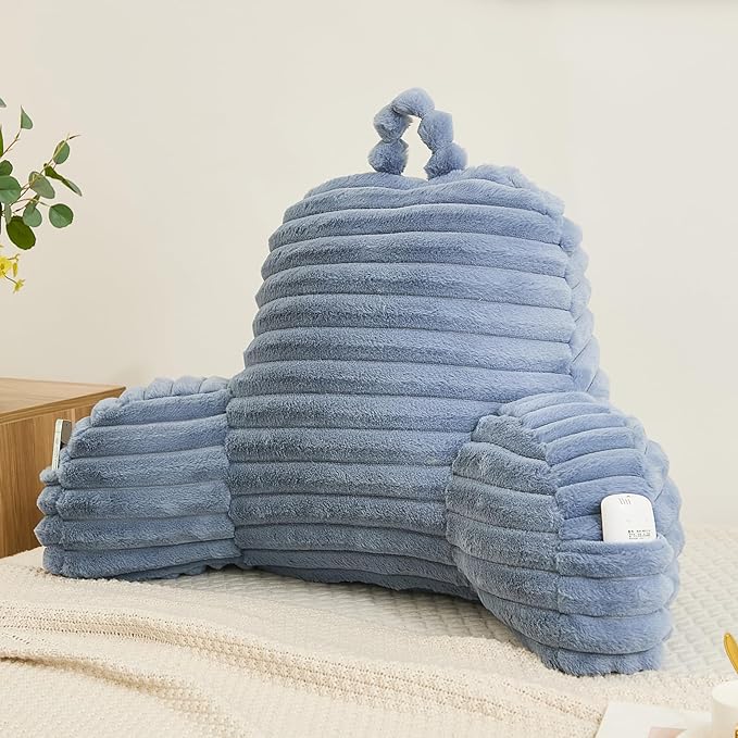 Faux Fur Fluffy Dusty Blue Reading Pillow with Pockets, Luxury Striped Plush Decorative, Arm Rests and Back Surport for Bed Rest, Lounging on sofa, Large
